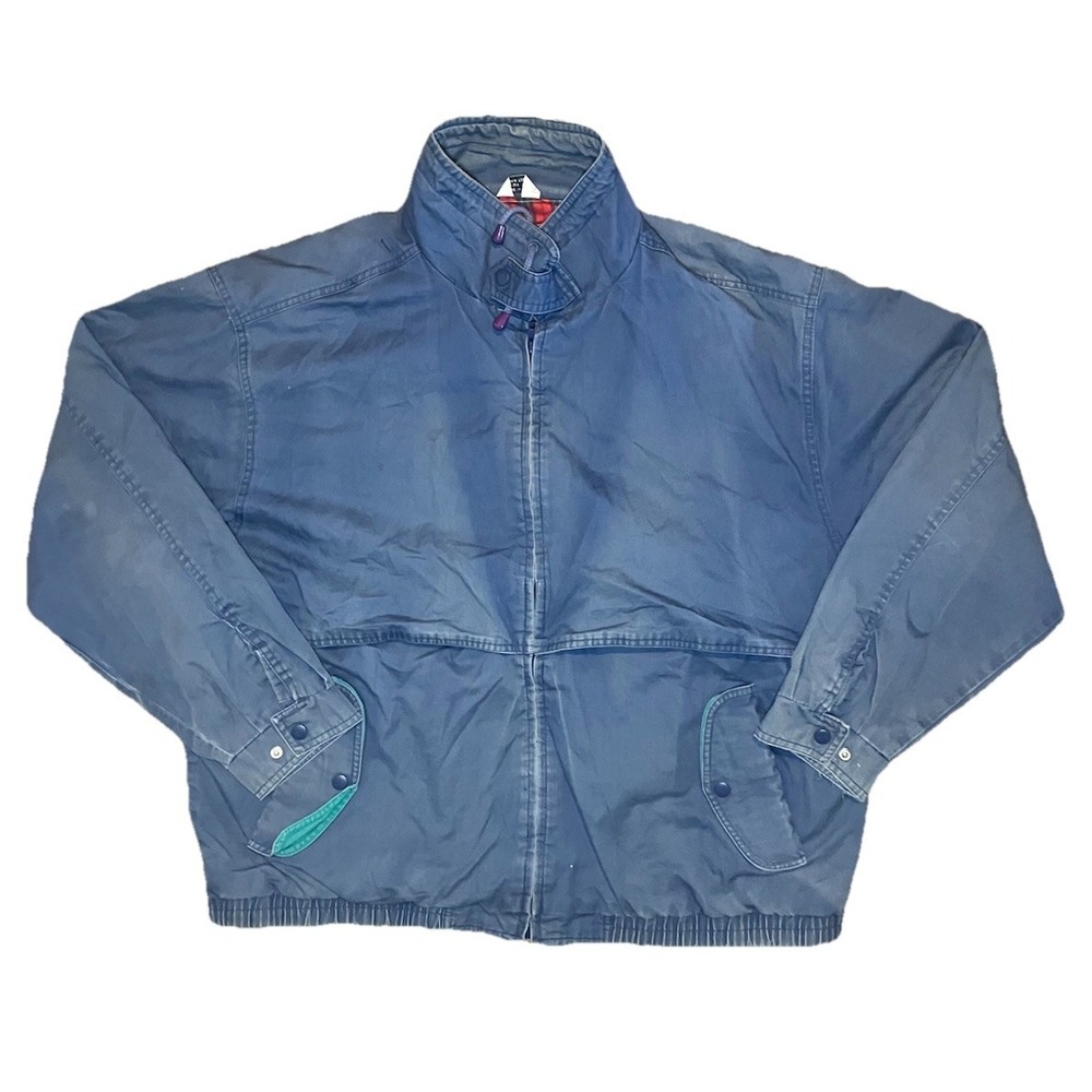 Vintage Haggar Bomber Jacket Mens XL Distressed Blue Shell Red Plaid Interior